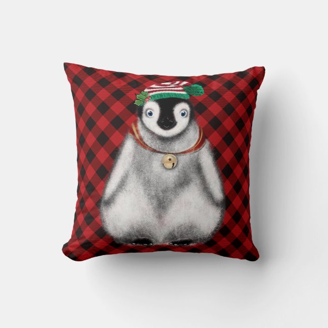 Cute festive holiday Penguin red black plaid  Cushion (Front)