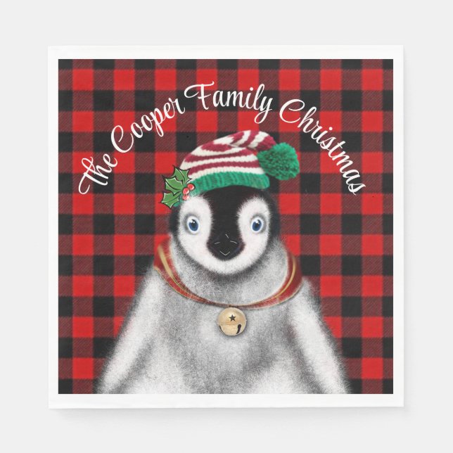 Cute festive holiday Penguin red black plaid  Napkin (Front)