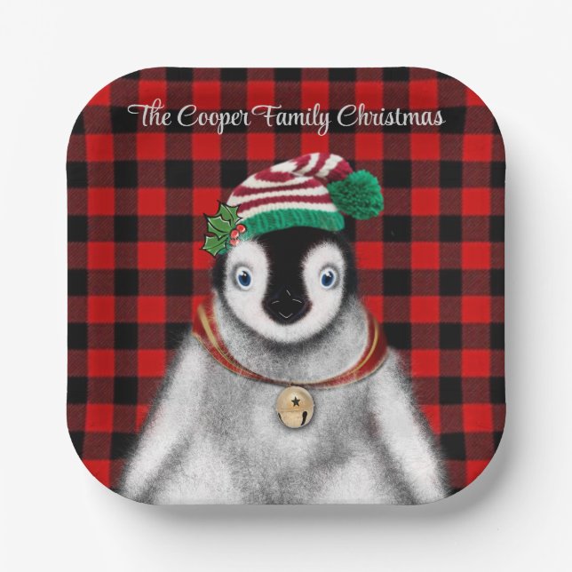 Cute festive holiday Penguin red black plaid  Paper Plate (Front)