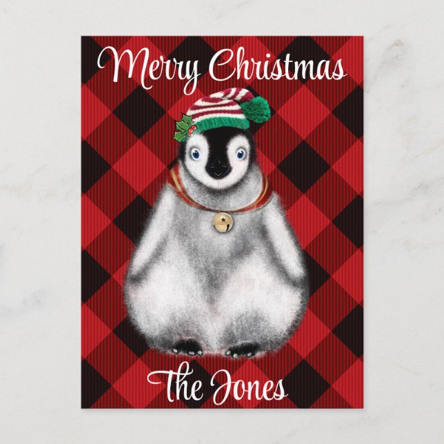 Cute festive holiday Penguin red black plaid  Postcard (Front)