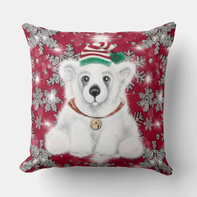 Cute festive holiday Polar bear glitter snowflakes Cushion (Front)