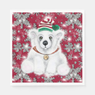 Cute festive holiday Polar bear glitter snowflakes Napkin