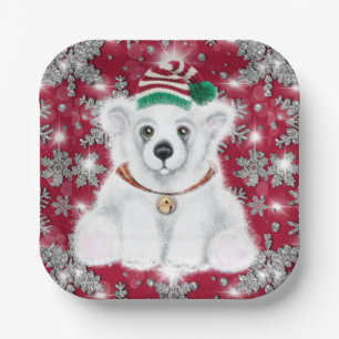 Cute festive holiday Polar bear glitter snowflakes Paper Plate