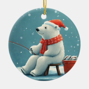 Cute festive illustration of a polar bear fishing ceramic ornament