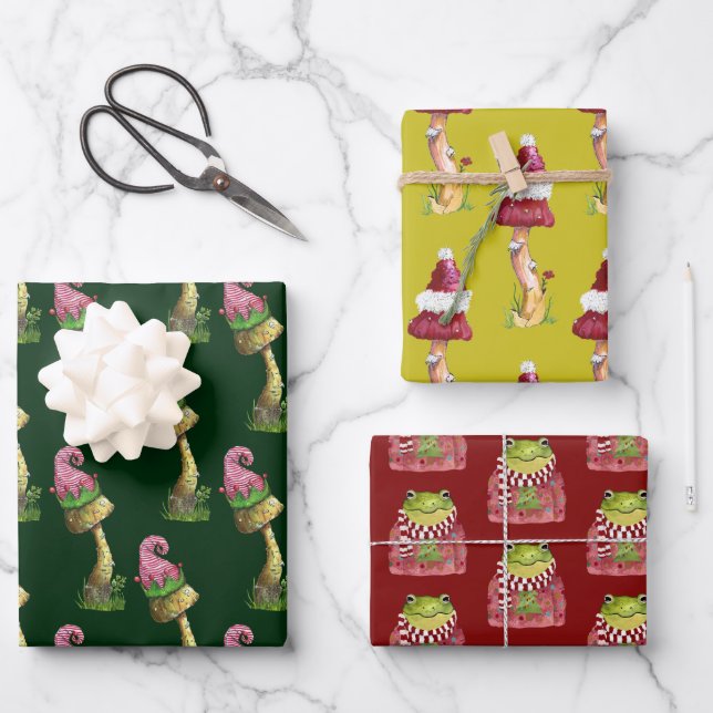 Cute Festive Mushroom and Frog Pattern Christmas Wrapping Paper Sheet (Front)