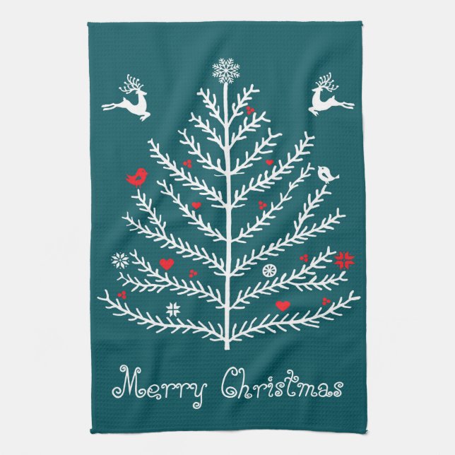 Cute Festive Nordic Teal Christmas Tree Deer  Tea Towel (Vertical)
