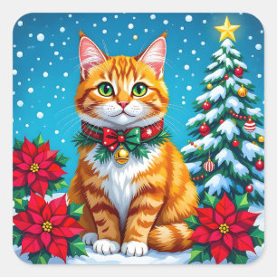Cute Festive Orange Cat Christmas Square Sticker
