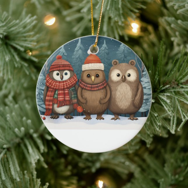 Cute Festive Owls Ceramic Ornament (Tree)