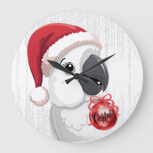 Cute Festive Parrot Santa Hat Red White Christmas Large Clock
