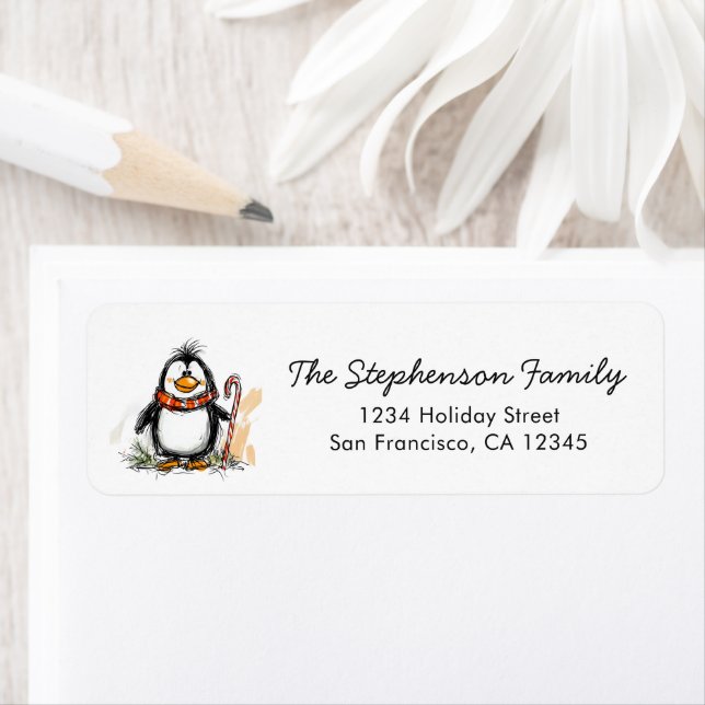 Cute Festive Penguin Christmas Return Address Return Address Label (Insitu)