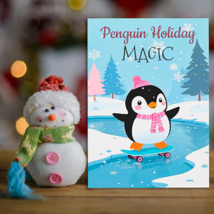 Cute Festive Penguin Skating Holiday Greeting Card
