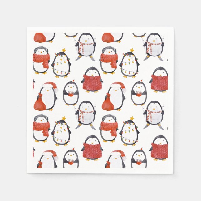 Cute Festive Penguins Pattern Christmas Party Napkin (Front)