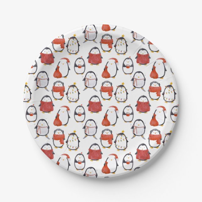 Cute Festive Penguins Pattern Christmas Party Paper Plate (Front)