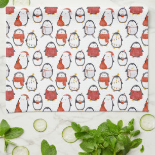 Cute Festive Penguins Pattern Christmas Tea Towel