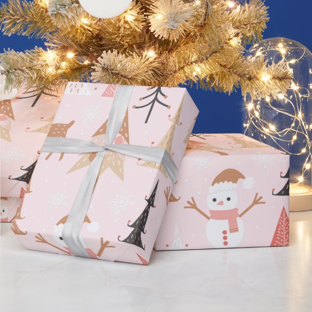 Cute Festive Pink Christmas Tree Snowman Reindeer Wrapping Paper (Holidays)
