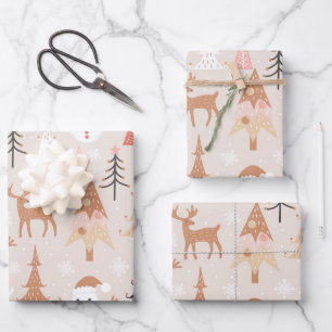 Cute Festive Pink Christmas Tree Snowman Reindeer Wrapping Paper Sheet