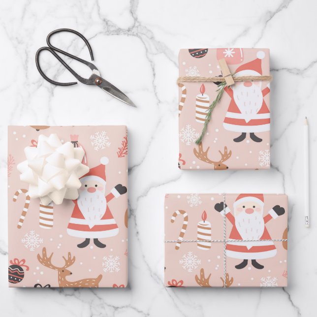 Cute Festive Pink Christmas Tree Snowman Reindeer Wrapping Paper Sheet (Front)