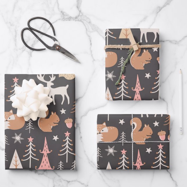 Cute Festive Pink Christmas Tree Squirrel Reindeer Wrapping Paper Sheet (Front)