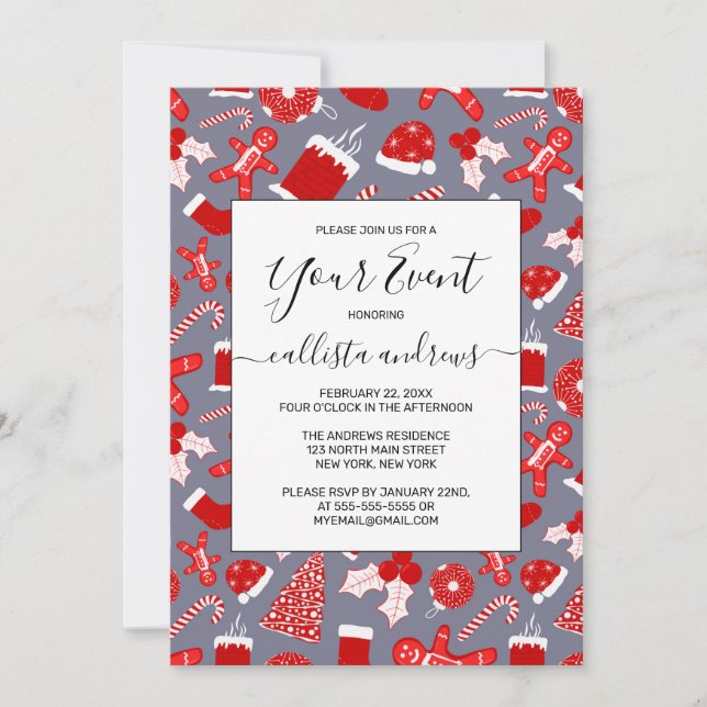 Cute Festive Red Illustrations Christmas Pattern Invitation (Front)
