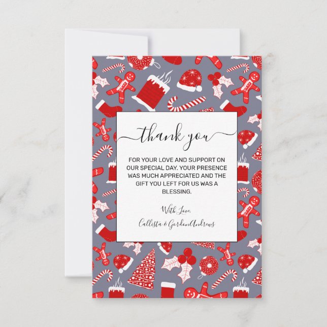 Cute Festive Red Illustrations Christmas Pattern Thank You Card (Front)