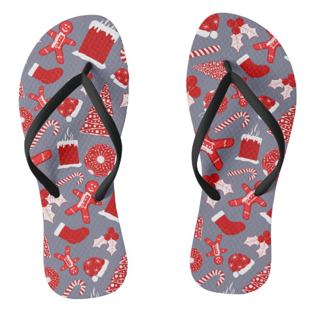 Cute Festive Red Illustrations Christmas Pattern Thongs (Footbed)