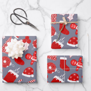 Cute Festive Red Illustrations Christmas Pattern Wrapping Paper Sheet