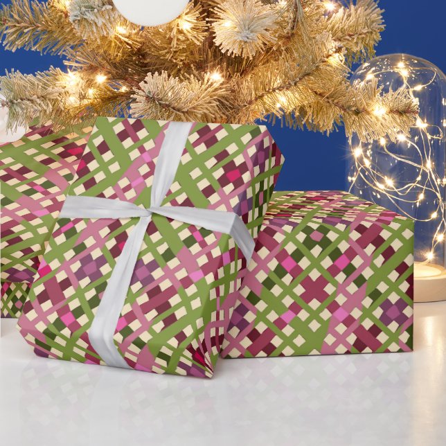 Cute Festive Retro Pink Purple Green Plaid Wrapping Paper (Holidays)