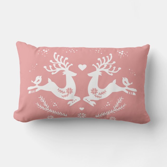 Cute Festive Scandi Pink Christmas Deer  Lumbar Cushion (Front)
