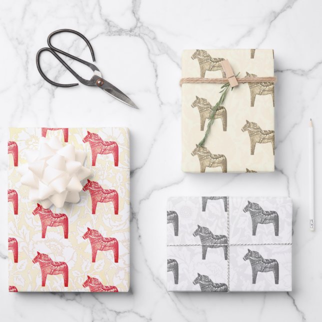 Cute Festive Scandi Red Beige and Grey Dala Horse  Wrapping Paper Sheet (Front)