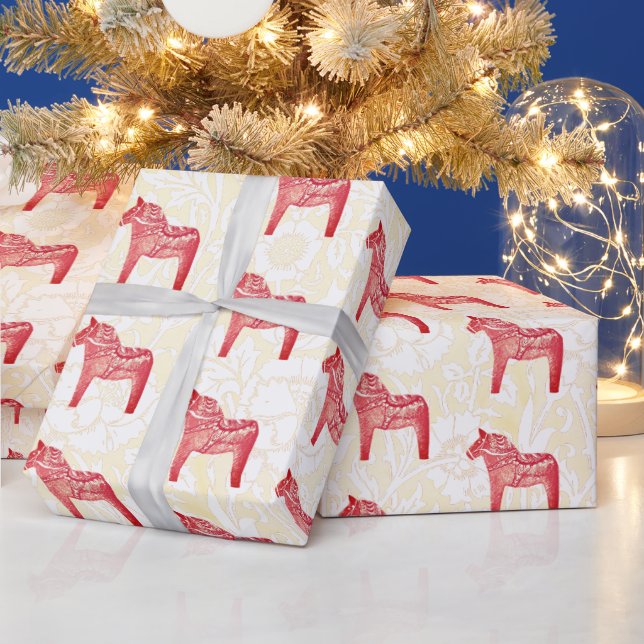 Cute Festive Scandi Red Dala Horse  Wrapping Paper (Holidays)