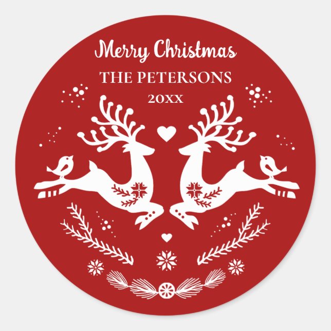 Cute Festive Scandi Red White Christmas Deer  Classic Round Sticker (Front)
