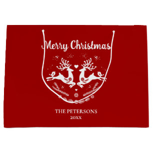 Cute Festive Scandi Red White Christmas Deer  Large Gift Bag