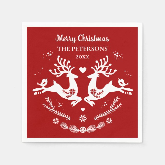 Cute Festive Scandi Red White Christmas Deer  Napkin (Front)