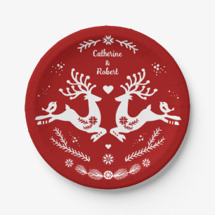 Cute Festive Scandi Red White Christmas Deer  Paper Plate