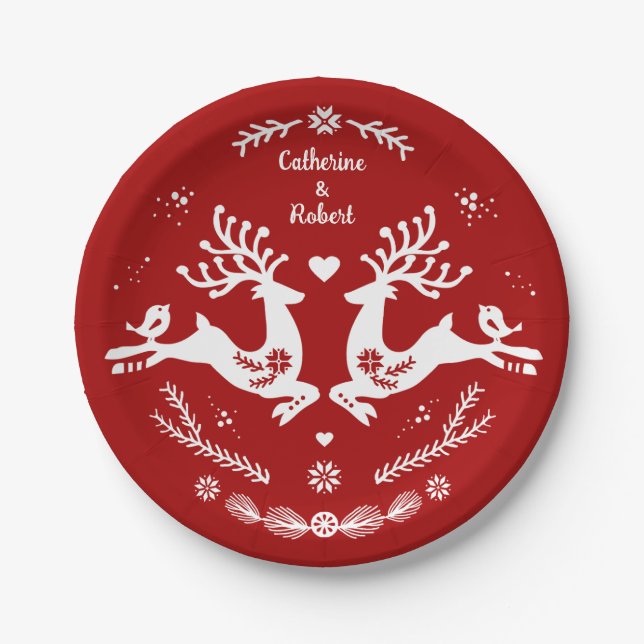 Cute Festive Scandi Red White Christmas Deer  Paper Plate (Front)