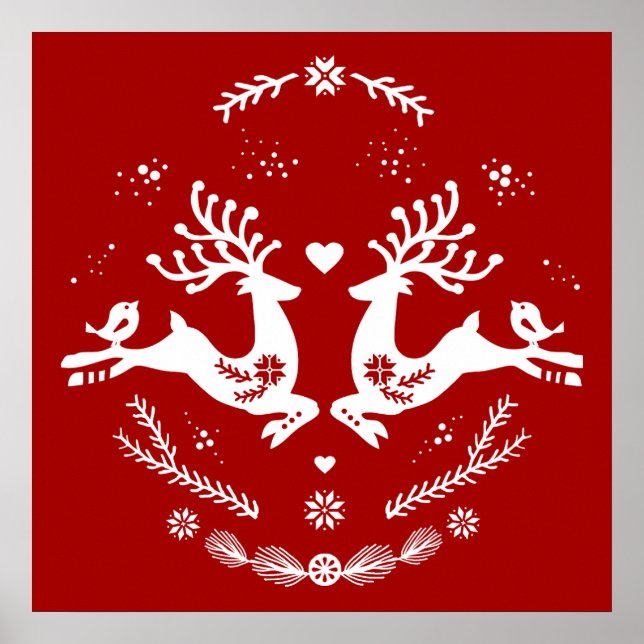 Cute Festive Scandi Red White Christmas Deer  Poster (Front)