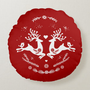 Cute Festive Scandi Red White Christmas Deer Round Cushion