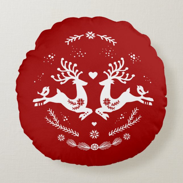 Cute Festive Scandi Red White Christmas Deer  Round Cushion (Front)