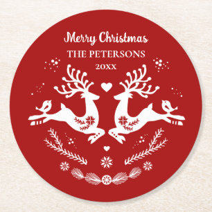 Cute Festive Scandi Red White Christmas Deer Round Paper Coaster