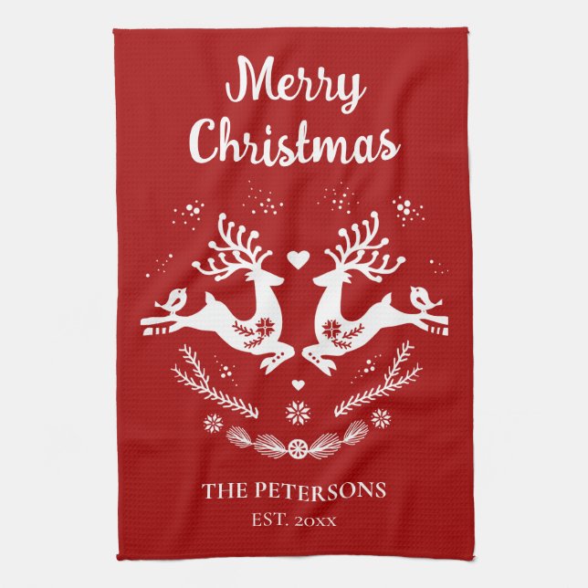 Cute Festive Scandi Red White Christmas Deer  Tea Towel (Vertical)