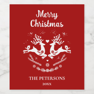 Cute Festive Scandi Red White Christmas Deer  Wine Label