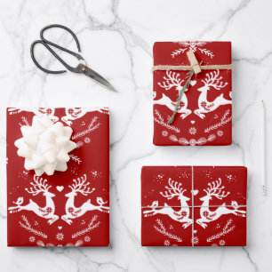 Cute Festive Scandi Red White Christmas Deer  Wrapping Paper Sheet