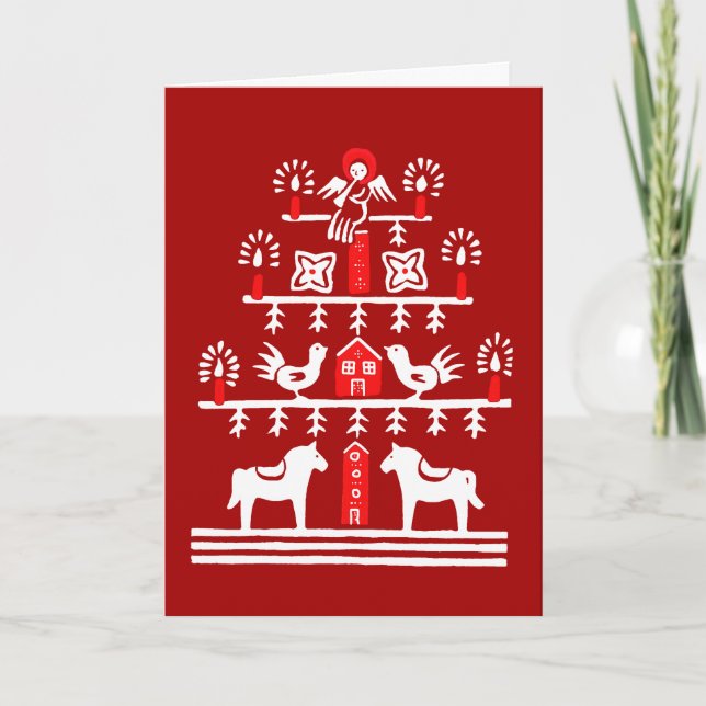 Cute Festive Scandi Red White Christmas Tree Card (Front)