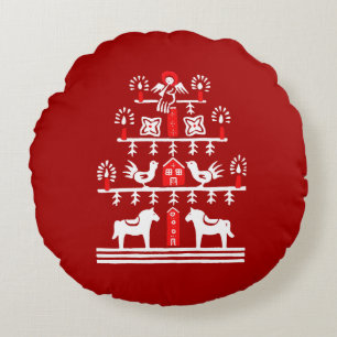 Cute Festive Scandi Red White Christmas Tree Round Cushion