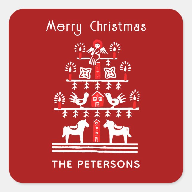 Cute Festive Scandi Red White Christmas Tree Square Sticker (Front)