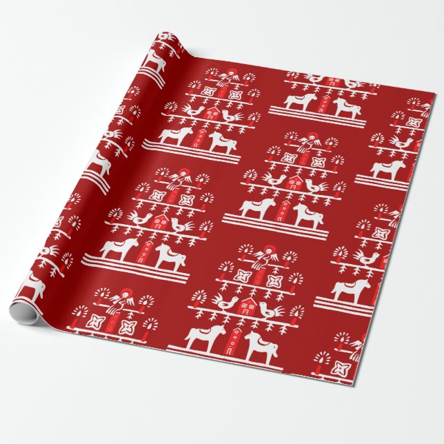 Cute Festive Scandi Red White Christmas Tree Wrapping Paper (Unrolled)