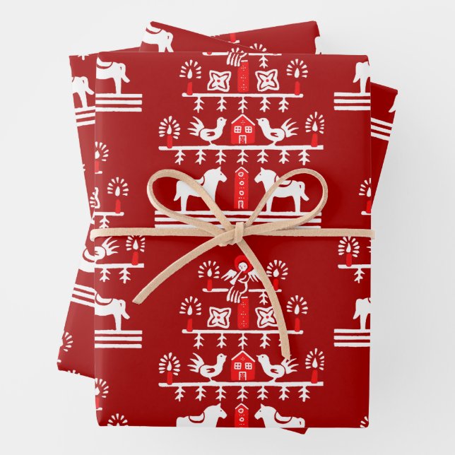 Cute Festive Scandi Red White Christmas Tree Wrapping Paper Sheet (In situ)
