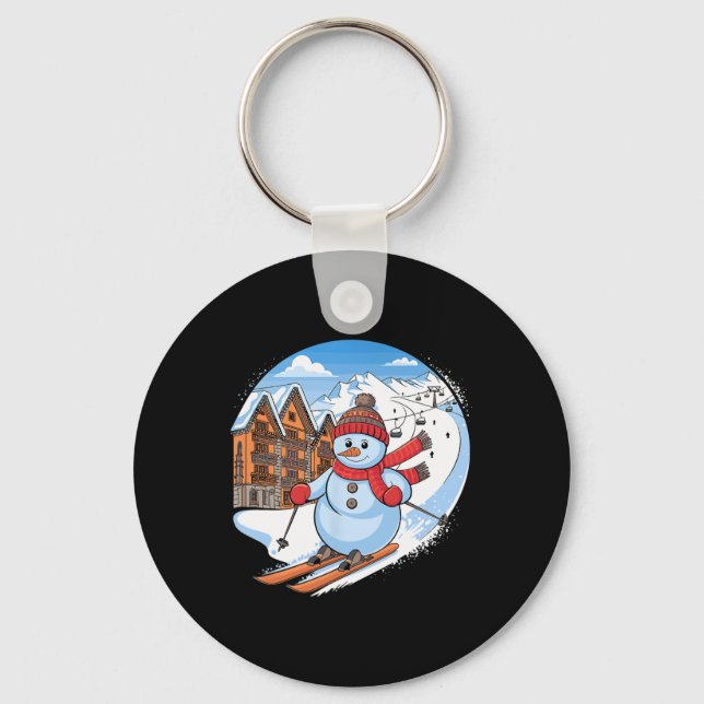 Cute Festive Snowman Downhill Skiing  Key Ring (Front)