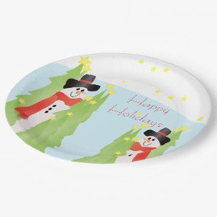Cute Festive Snowmen Design Accented With Stars Paper Plate