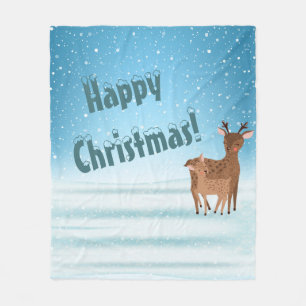 Cute Festive Snowy Christmas Reindeer Personalised Fleece Blanket